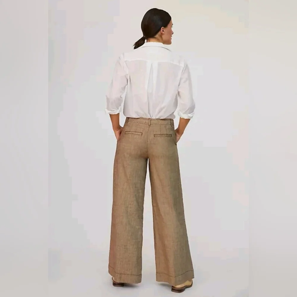Anthropologie Linen Low-Rise Wide Leg Pants Tan Beige Waist 29 - Picture 9 of 15